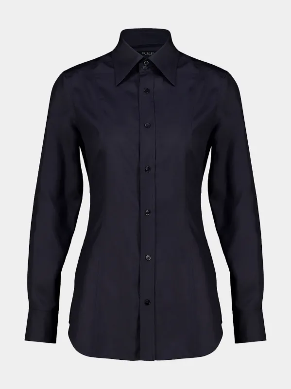 Ink Blue Silk Long-Sleeve Tailored Shirt made by Gucci