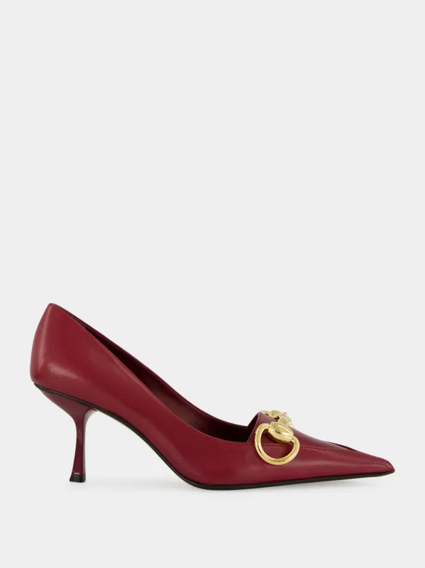 Burgundy Leather Horsebit Mid-Heel Pumps made by Gucci