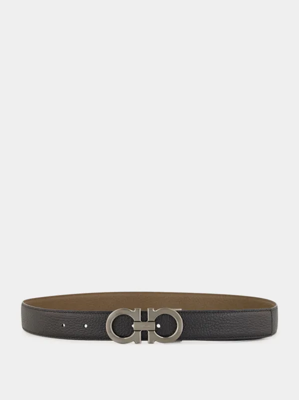 Black and Clay Reversible Leather Gancini Belt made by Salvatore Ferragamo