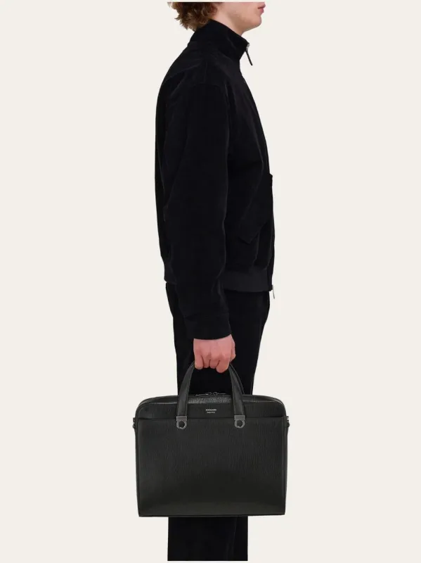 Black Hammered Leather Gancini Briefcase made by Salvatore Ferragamo