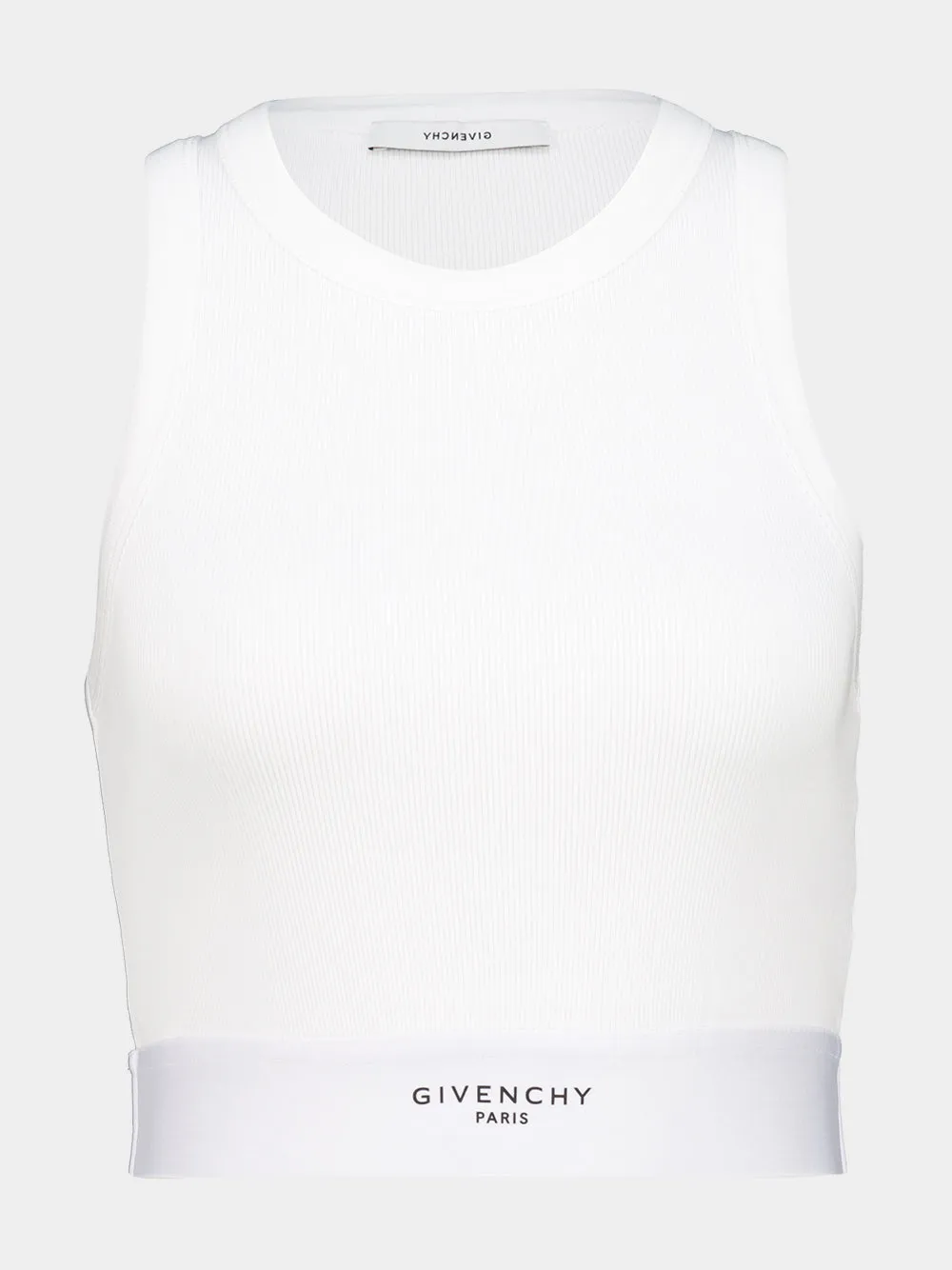 White Cropped Tank Top with Logo Band sold by Fashion Clinic