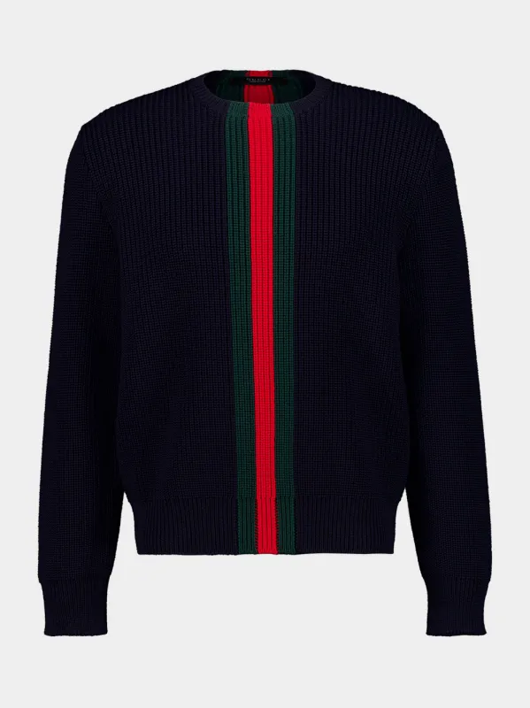 Dark Blue Ribbed Wool Web Sweater made by Gucci