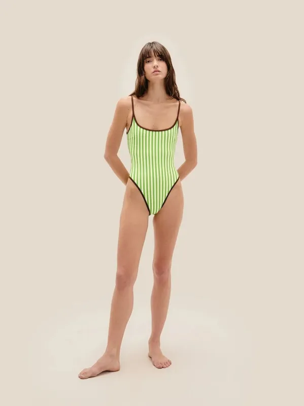 Pipping Thidu Green Striped Swimsuit made by Haight