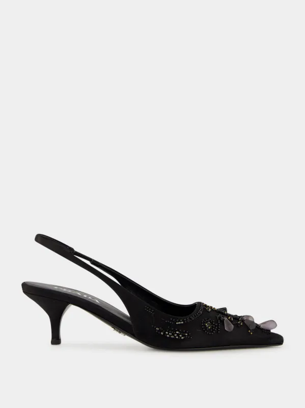 Black Embroidered Satin Slingback Pumps made by Prada