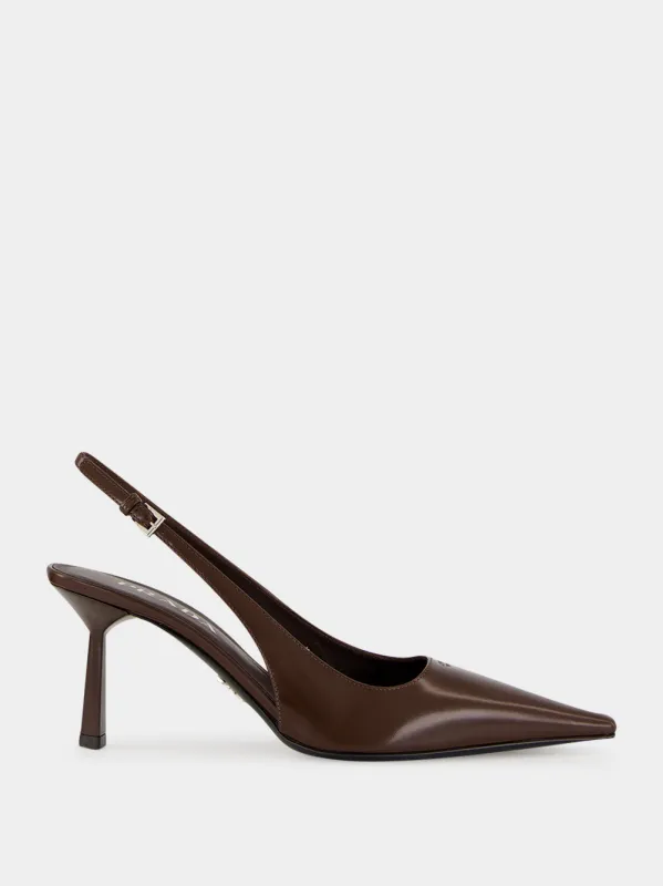 Brown Brushed Leather Slingback Pumps made by Prada