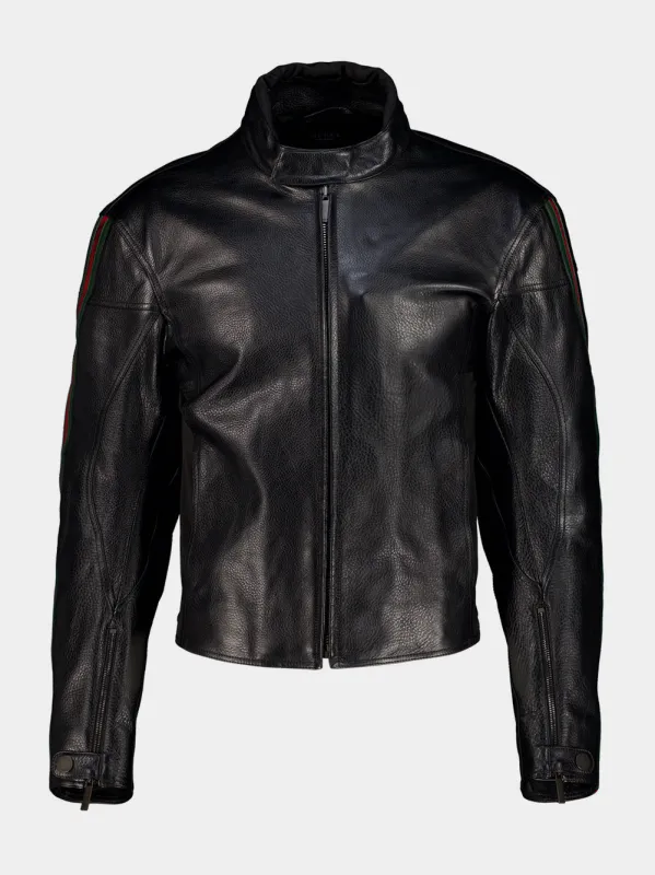 Black Leather Web Biker Jacket made by Gucci