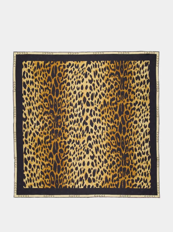 Brown and Black Leopard Print Silk Carré made by Gucci
