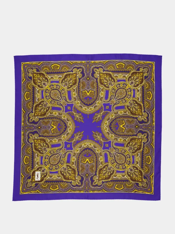 Blue and Yellow Paisley Silk Twill Scarf made by Yves Saint Laurent