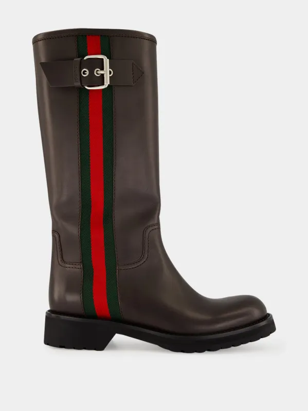 Brown Leather Biker Boots with Web made by Gucci