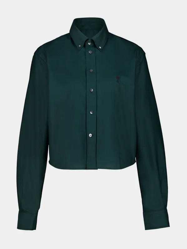 Bottle Green Cropped Cotton Embroidered Shirt made by Ami