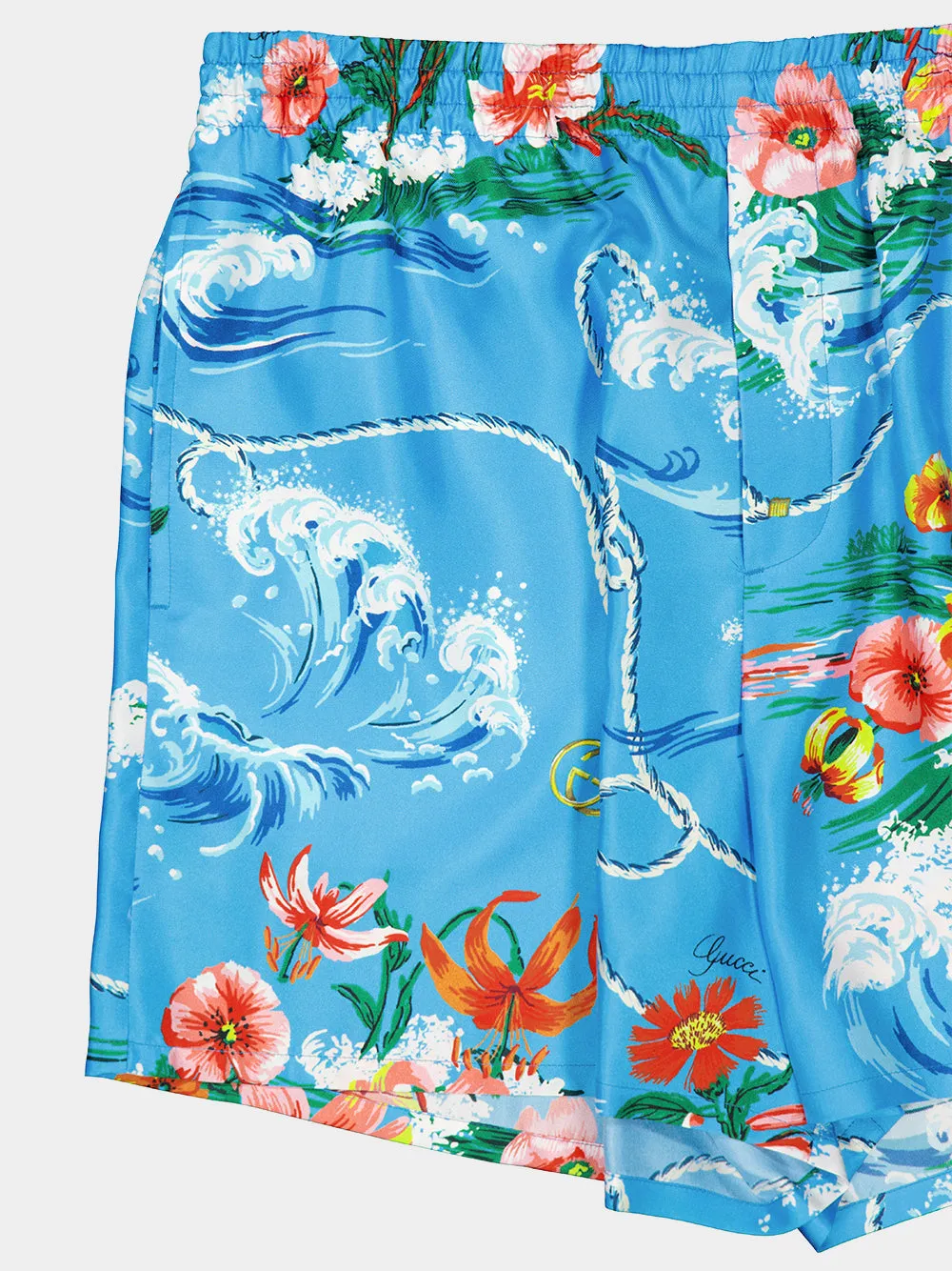 Blue Floral Print Silk Twill Shorts sold by Fashion Clinic product image thumbnail 3