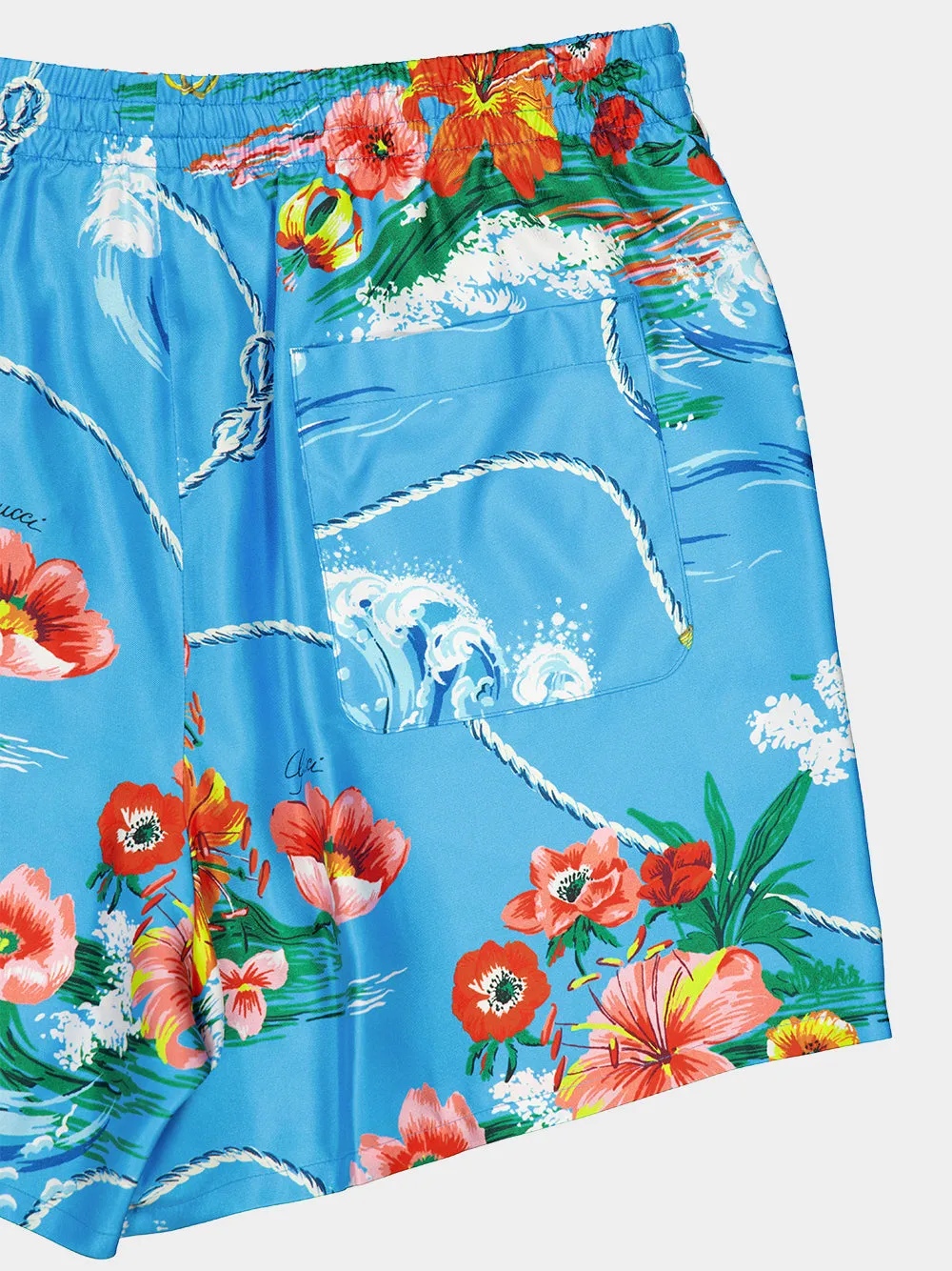 Blue Floral Print Silk Twill Shorts sold by Fashion Clinic product image thumbnail 4