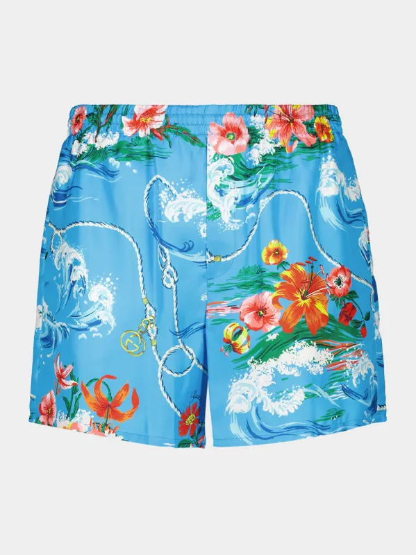Blue Floral Print Silk Twill Shorts made by Gucci