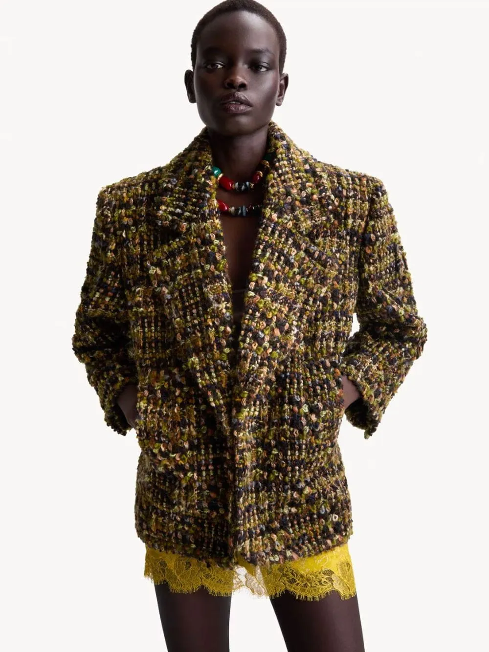 Khaki Grey Green Tweed Single-Breasted Blazer sold by Fashion Clinic product image thumbnail 3