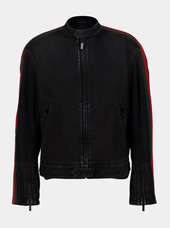 Black Denim Biker Jacket with Web Detail made by Gucci