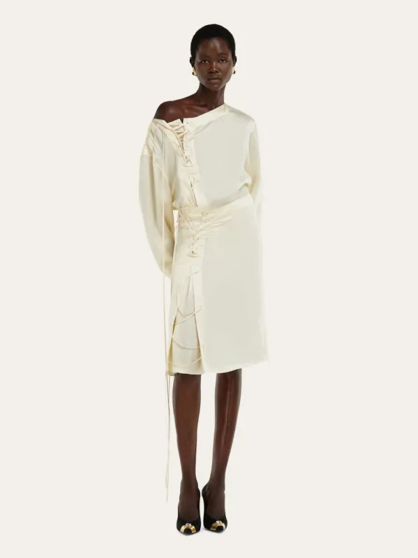 Parchment Satin Midi Skirt with String Ties made by Salvatore Ferragamo