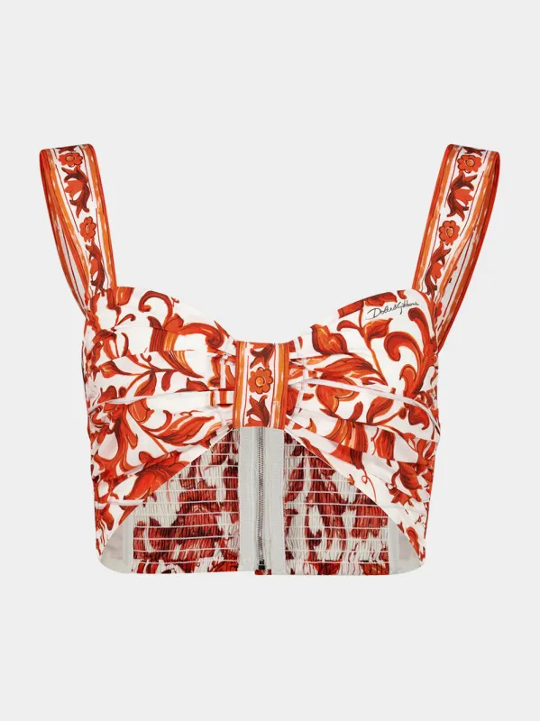 Orange Majolica-Print Cotton Crop Top made by Dolce & Gabanna