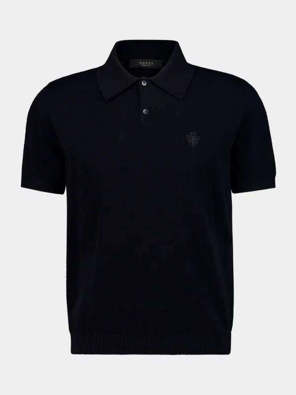 Navy Cashmere Polo Shirt with Crest made by Gucci