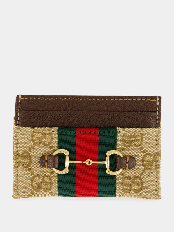 Sand and Brown Horsebit Web Card Case made by Gucci