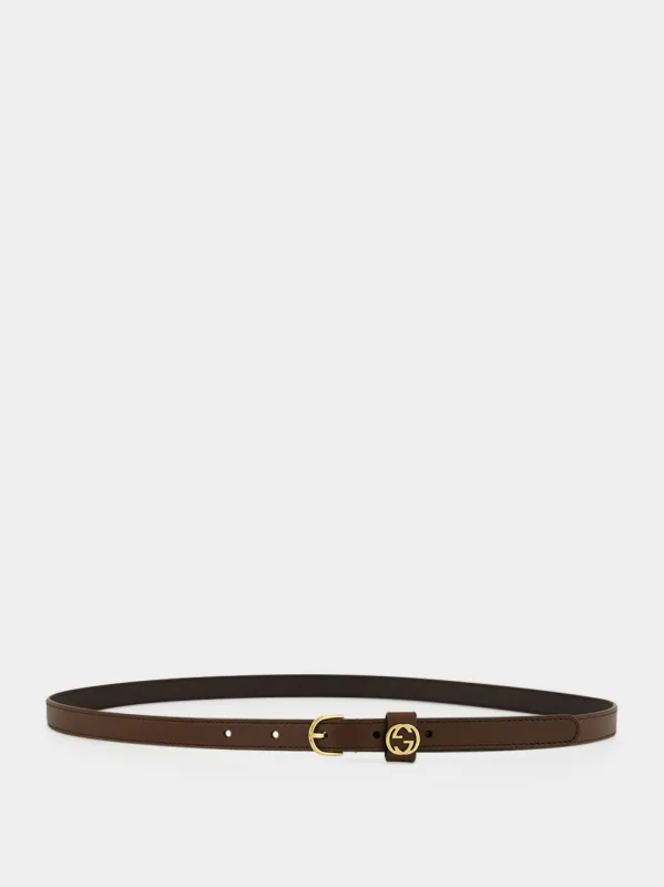 Dark Brown Thin Leather Belt with Round Buckle made by Gucci