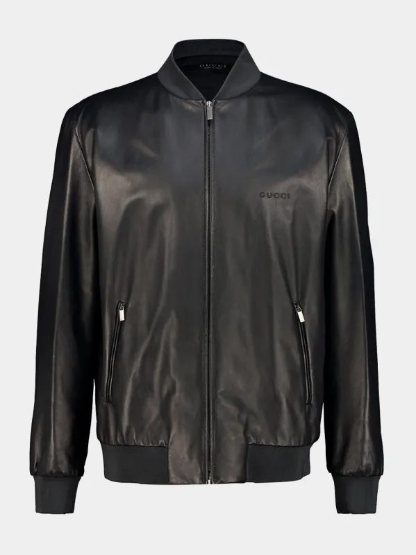 Anthracite Grey Leather Bomber Jacket made by Gucci
