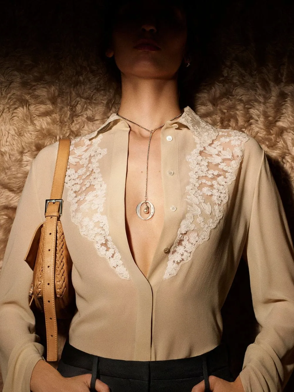 Beige Silk Georgette Lace Trim Shirt sold by Fashion Clinic
