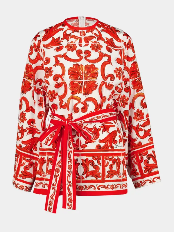 Orange Majolica Print Silk Wrap Blouse made by Dolce & Gabanna