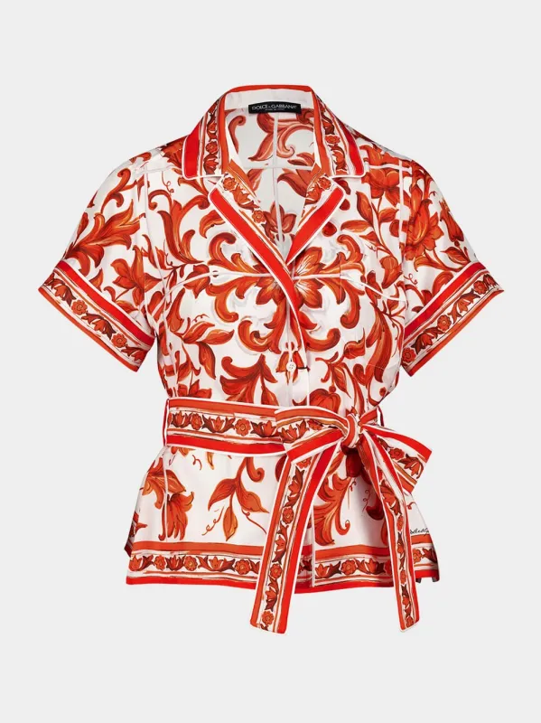 Orange Majolica-Print Silk Vanity Shirt made by Dolce & Gabanna