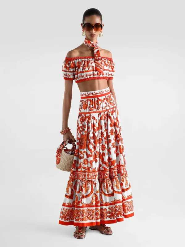 Orange Majolica Print Cotton Maxi Skirt made by Dolce & Gabanna