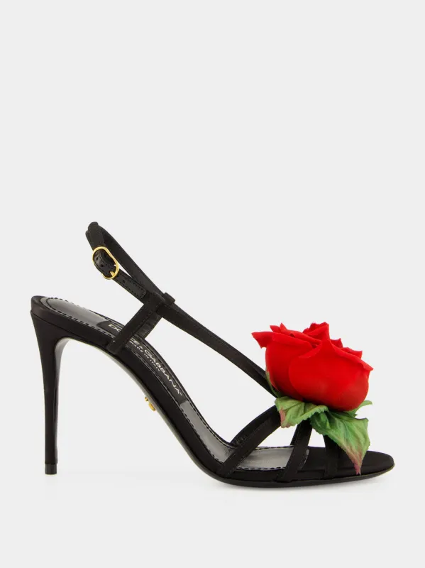 Black Satin Rose Sandals made by Dolce & Gabanna