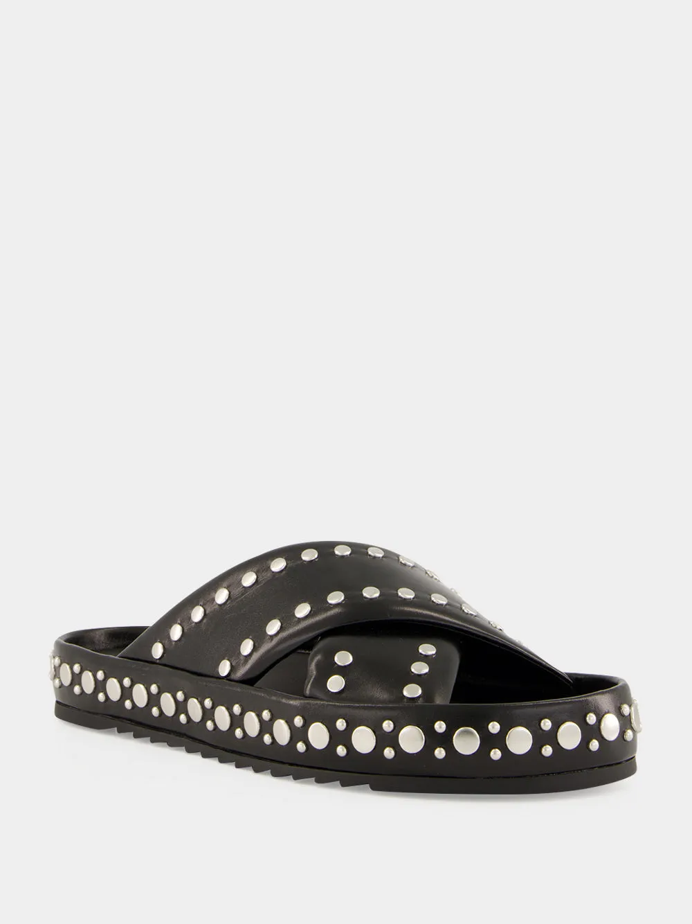 Black Double Studded Leather Slides sold by Fashion Clinic product image thumbnail 3