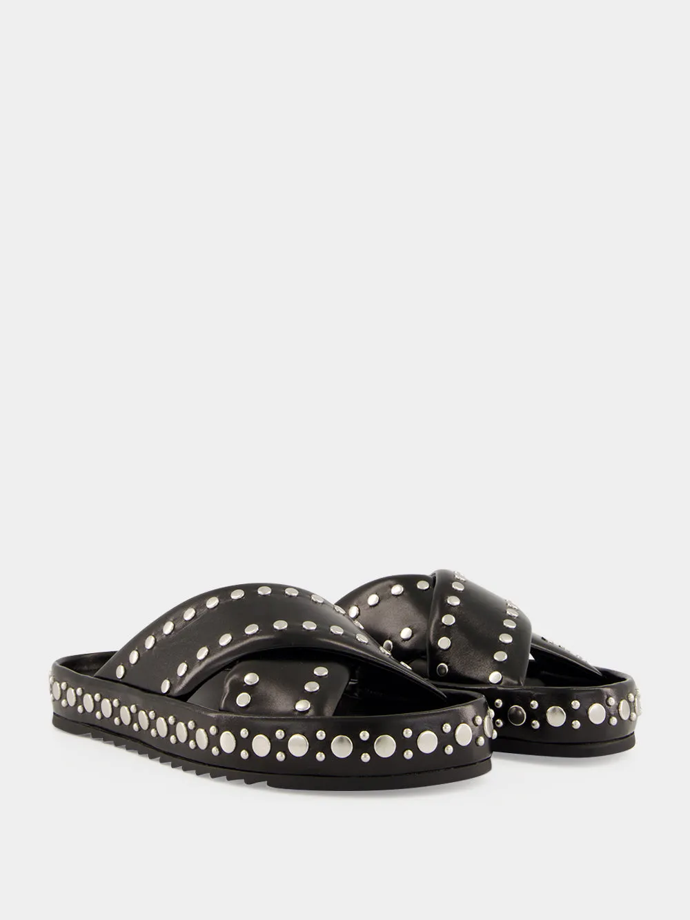 Black Double Studded Leather Slides sold by Fashion Clinic product image thumbnail 4