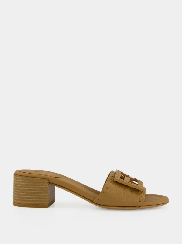 Light Brown Baguette Leather Heeled Slides made by Fendi