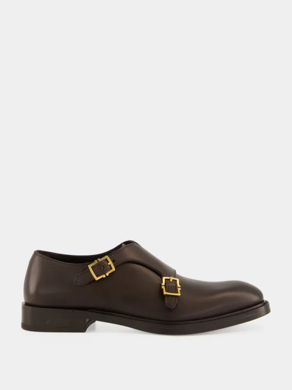 Black Leather Double Monk Strap Shoes made by Salvatore Ferragamo