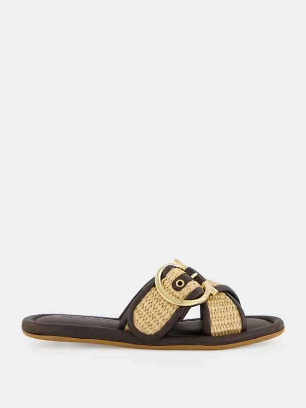 Natural and Brown Double Strap Gancini Slide made by Salvatore Ferragamo