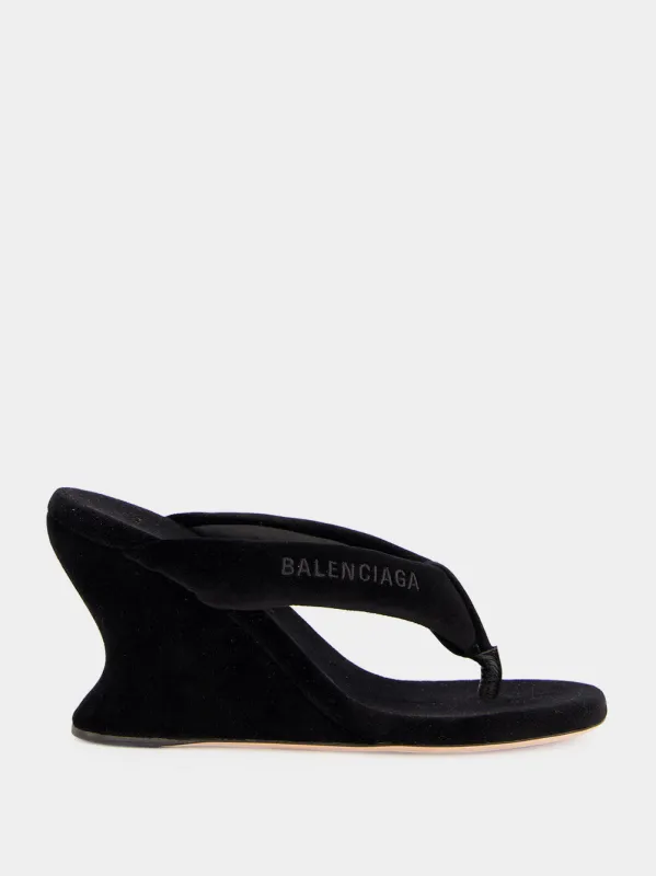 Black Gaeta 90 Velvet Wedge Thong Sandals made by Balenciaga