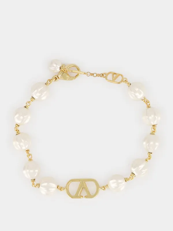 Gold and Cream VLogo Signature Bracelet with Beads made by Valentino Garavani