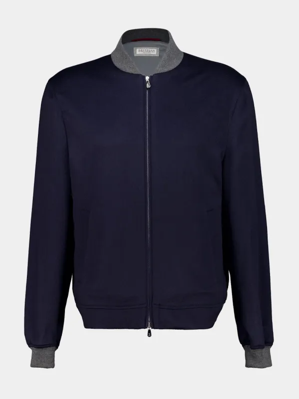 Dark Blue Cashmere Flannel Bomber Jacket made by Brunello Cucinelli