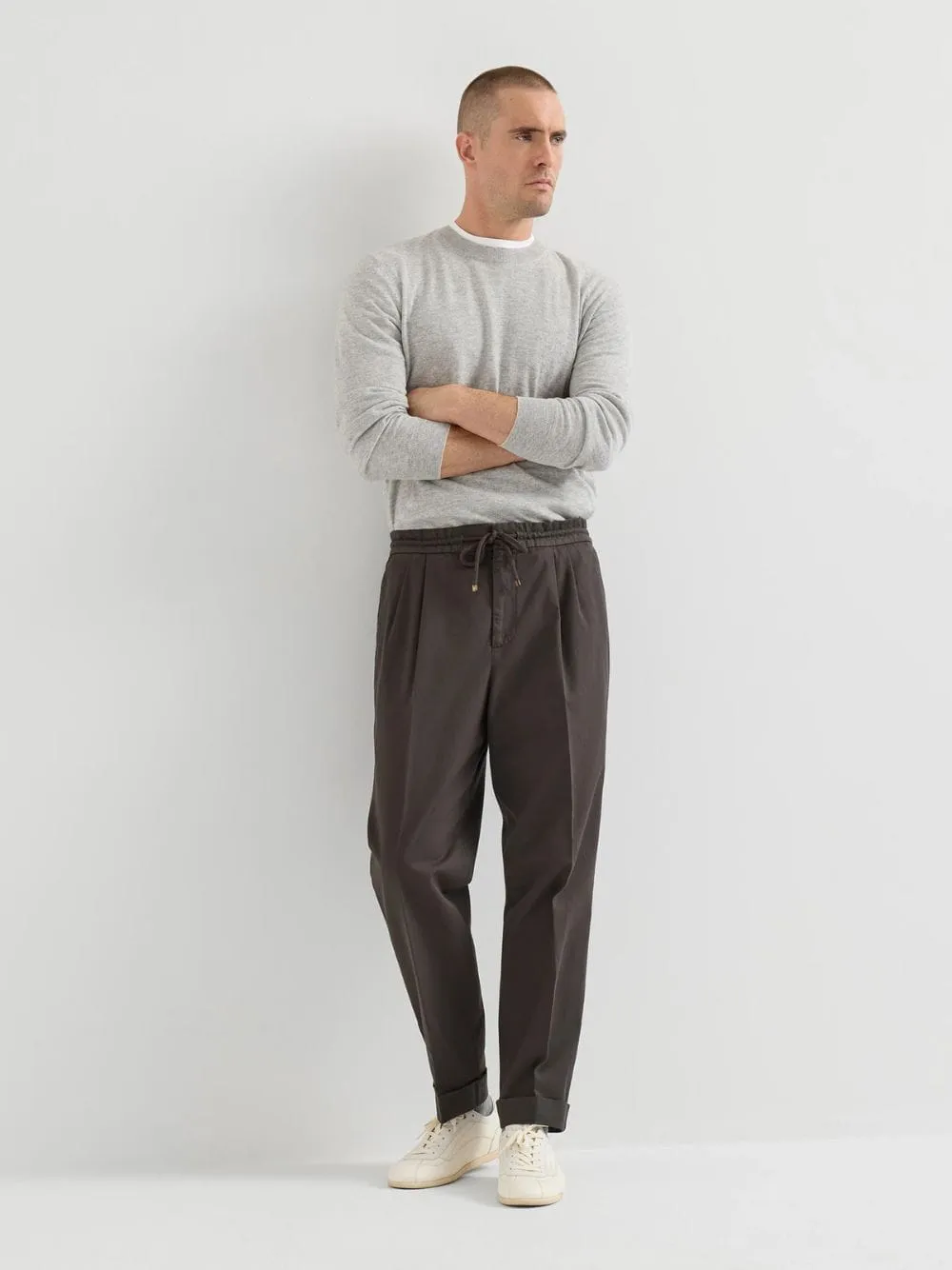 Brown Cotton Gabardine Drawstring Trousers sold by Fashion Clinic