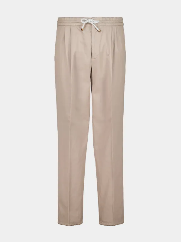 Beige Cotton Gabardine Drawstring Trousers made by Brunello Cucinelli
