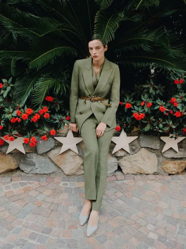 Palm Green Linen Midday Sun Double-Breasted Blazer made by Blaze Milano