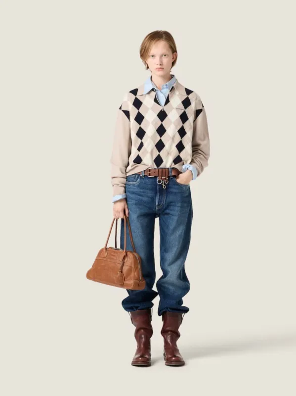 Beige Argyle Cashmere Polo Sweater made by Miu Miu