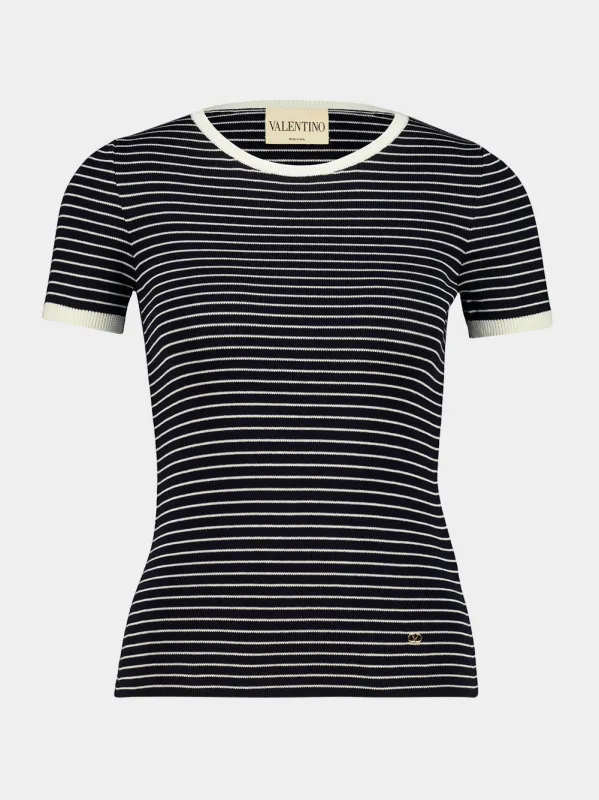 Navy Striped Knitted Cotton T-Shirt made by Valentino Garavani