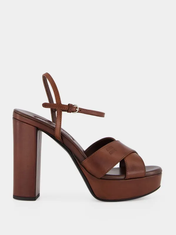Coffee Leather Platform Sandals made by Miu Miu