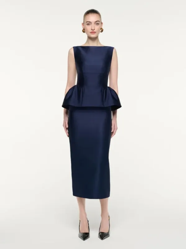 Navy Sleeveless Peplum Column Midi Dress made by Roland Mouret