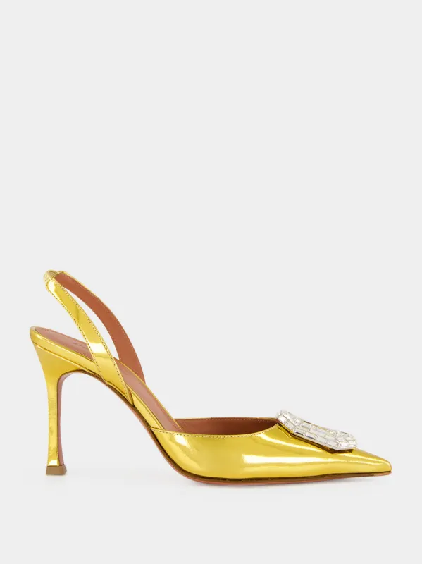 Gold Camelia Crystal 90 Slingback Pumps made by Amina Muaddi