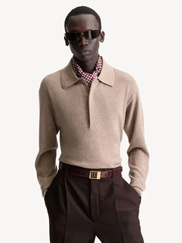 Taupe Chine Wool Long-Sleeve Polo made by Yves Saint Laurent