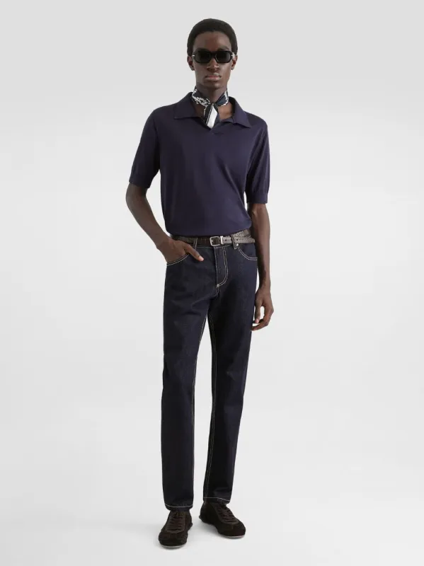 Blue Silk Knit Polo Shirt made by Dolce & Gabanna