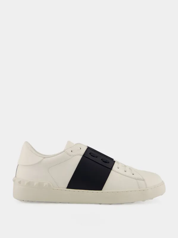 White and Blue Open Leather Sneakers made by Valentino Garavani