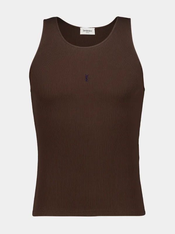 Ecorce and Navy Cassandre Ribbed Cotton Tank Top made by Yves Saint Laurent